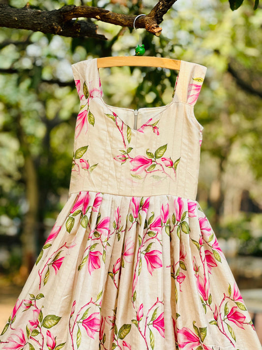 Stunning Pure Tussar Silk & Beautifully Flower Prints Kids Gown